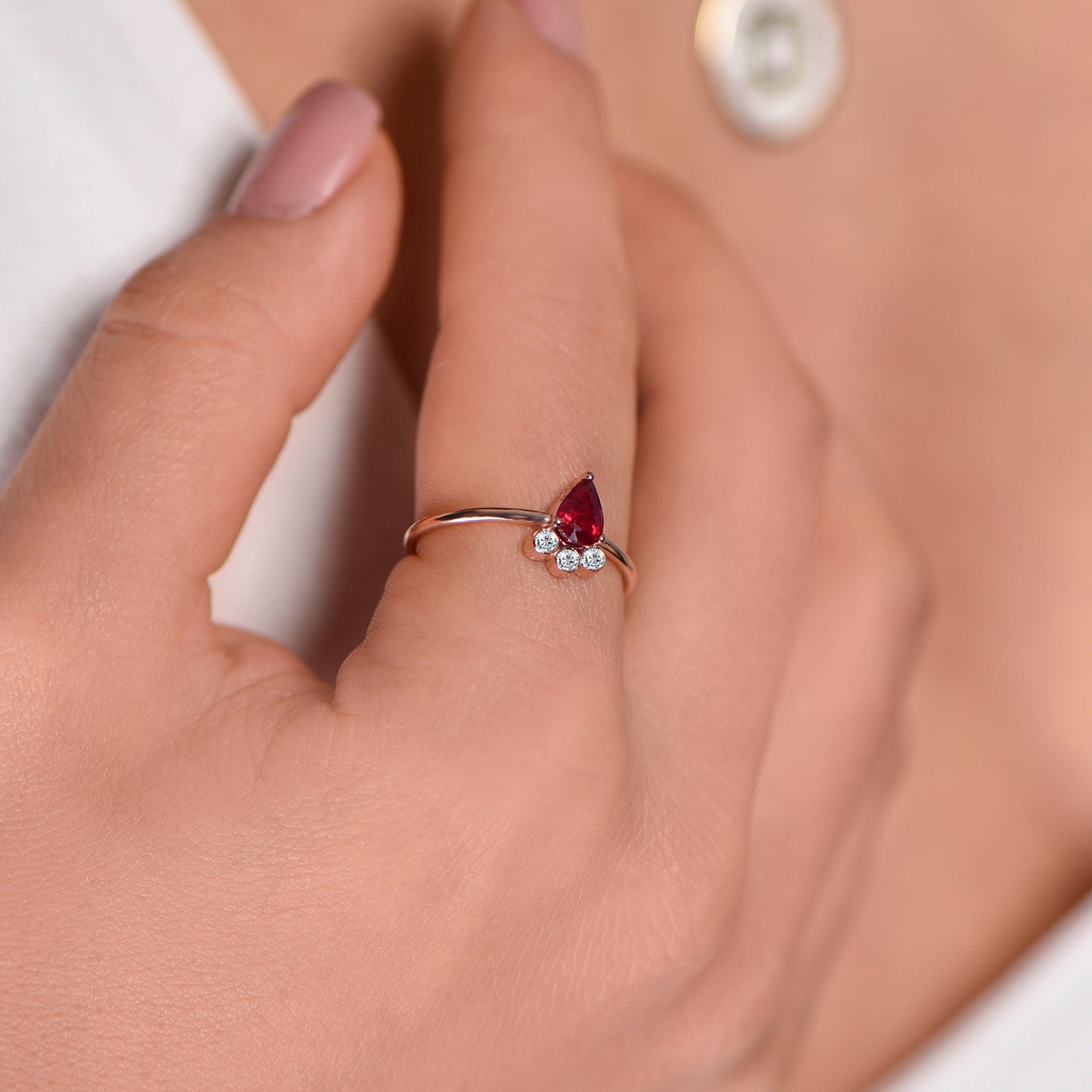 Pear Cut Ruby Ring – 14K Solid Gold | Minimal Gemstone Ring | Mother’s Day Gift | Handmade Diamond Accent Ring