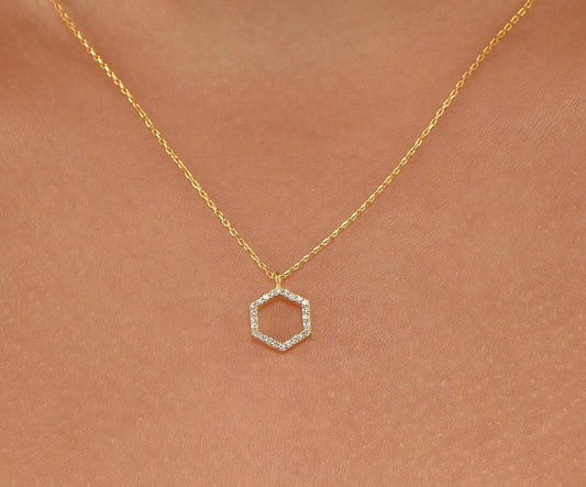 14K Yellow Gold Hexagon Diamond Necklace - Geometric Minimalist Pendant Gift for Her
