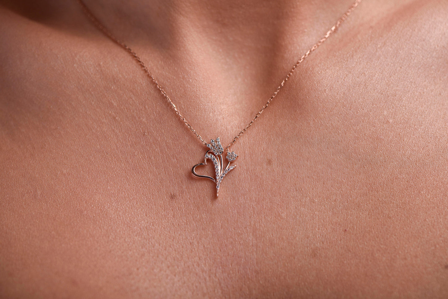 Handcrafted Rose Gold Heart Flower Necklace with Sparkling Diamonds - Stunning Statement Piece-Christmas Gift Necklace-X-mas Gift Necklace