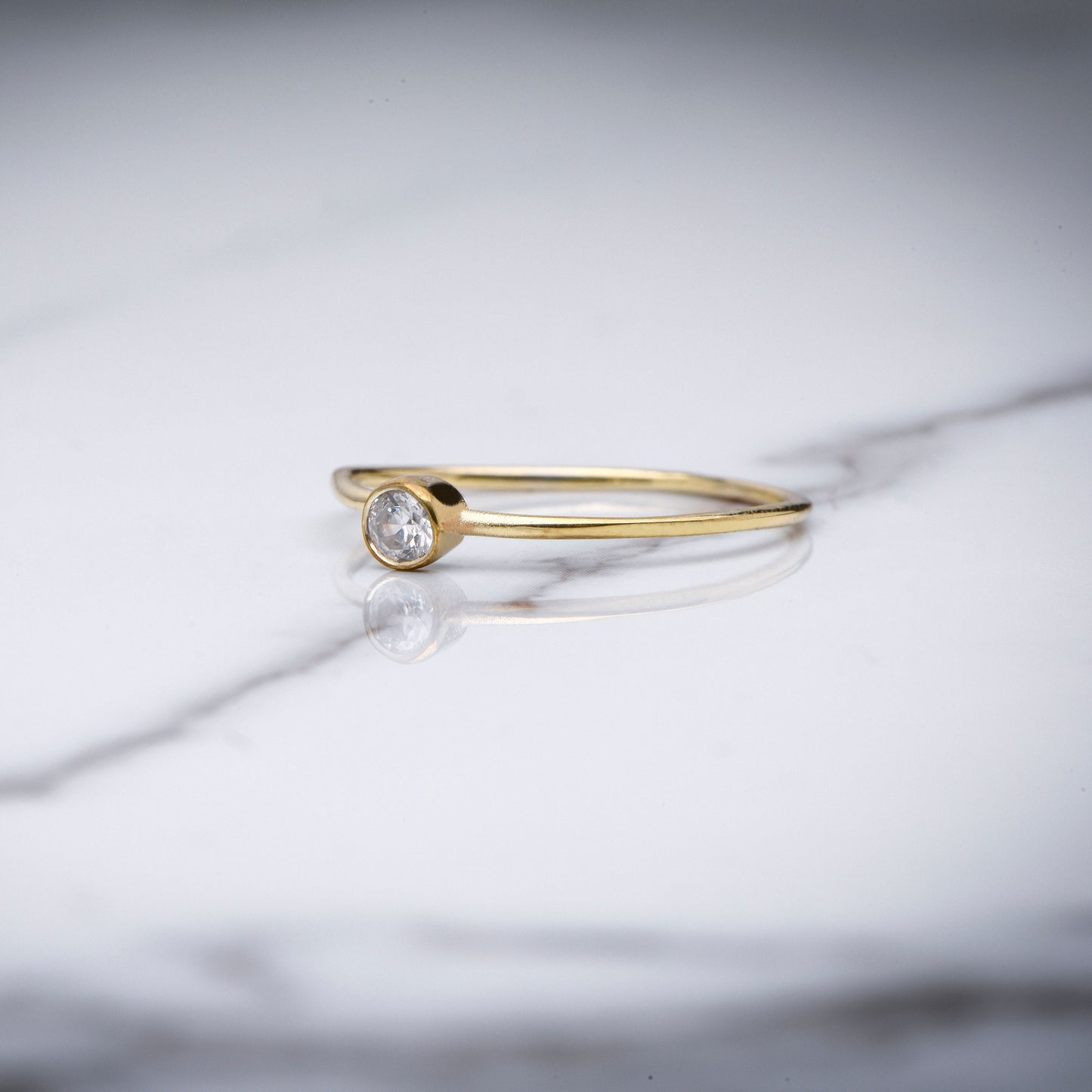 14K Gold Bezel Set Solitaire Ring – Dainty Diamond Stackable Minimalist Ring for Women