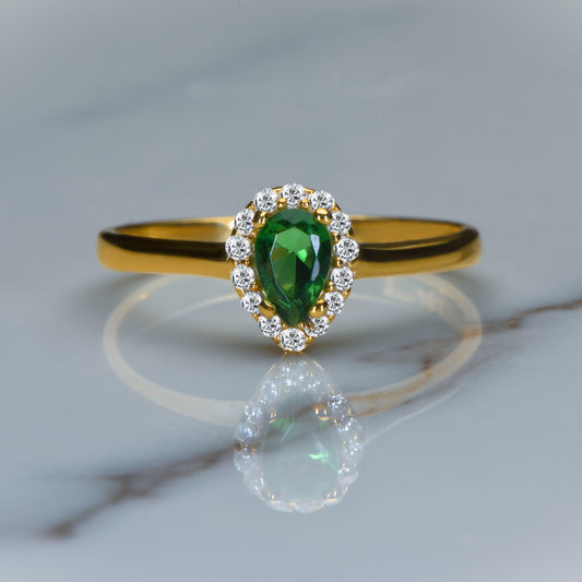 ear Cut Lab Emerald and Diamond Halo Ring in 14k Gold – Vintage Inspired Engagement or Gift for Her