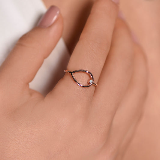14K Solid Gold Teardrop Ring with Diamond – Minimalist Handmade Dainty Ring