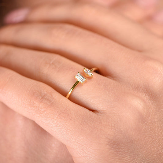 14K Solid Gold Open Ring with Marquise & Baguette Diamond – Minimalist Statement Ring