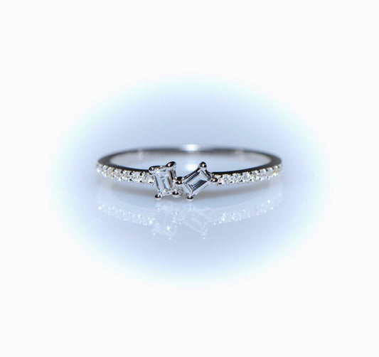 14K White Gold Baguette Diamond Ring with Round Accents, Dainty Thin Band Engagement or Gift Ring for Her