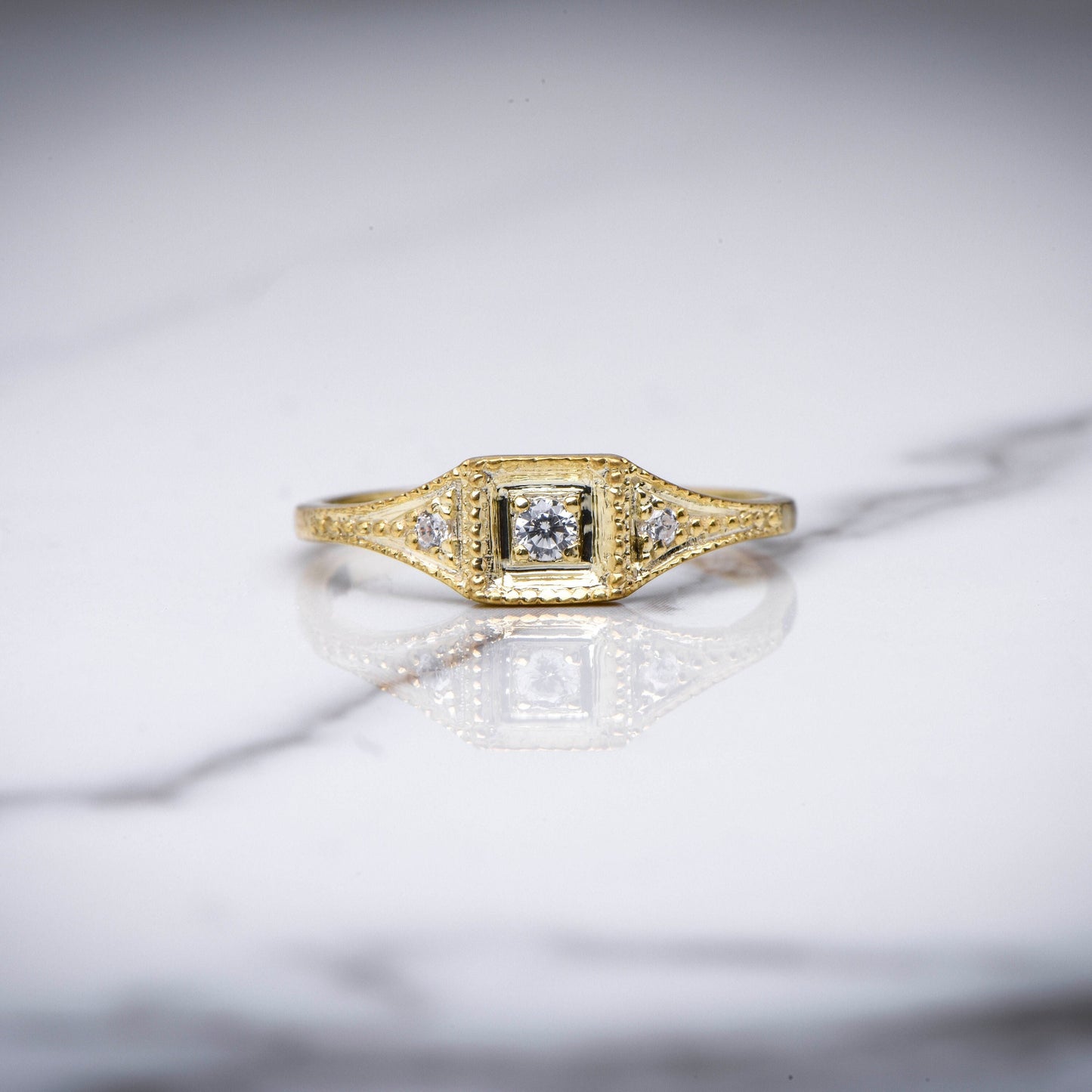Vintage Style Diamond Engagement Ring in 14K Gold, Square Bezel Set Ring with Accent Stones, Elegant Thin Band Ring