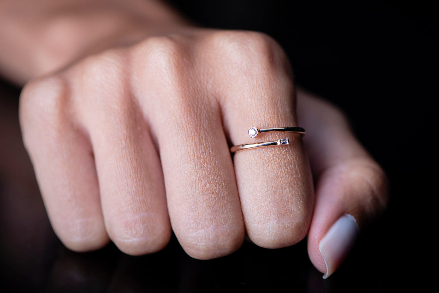 14k Gold Open Diamond Ring – Minimalist Wrap Ring with Baguette and Round Cut Diamonds