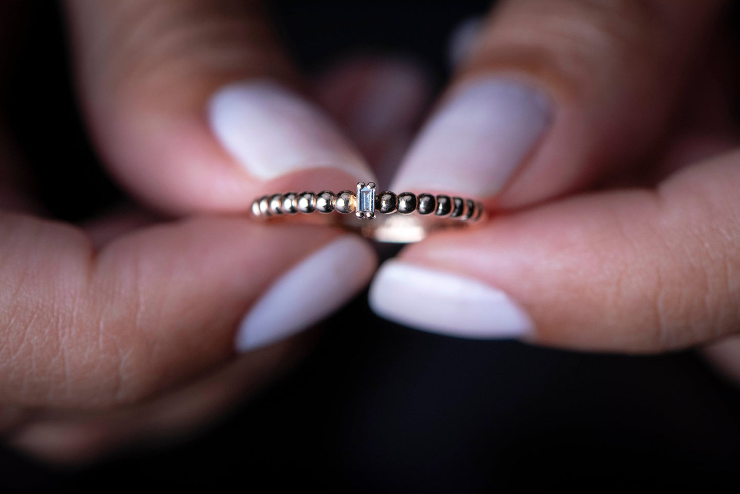 14k Gold Beaded Baguette Diamond Ring – Minimalist Stackable Band for Everyday Elegance