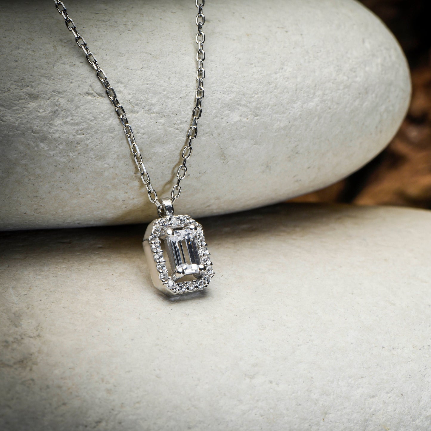 Emerald Cut Diamond Necklace, Baguette Moissanite Halo Pendant,14k Solid White Gold Necklace,Diamond Necklace,Christmas Gift Necklace