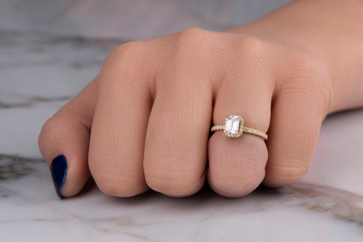 Emerald Cut Moissanite Halo Ring – 14K Yellow Gold, GIA Certified Stones, Handmade Engagement or Gift Ring