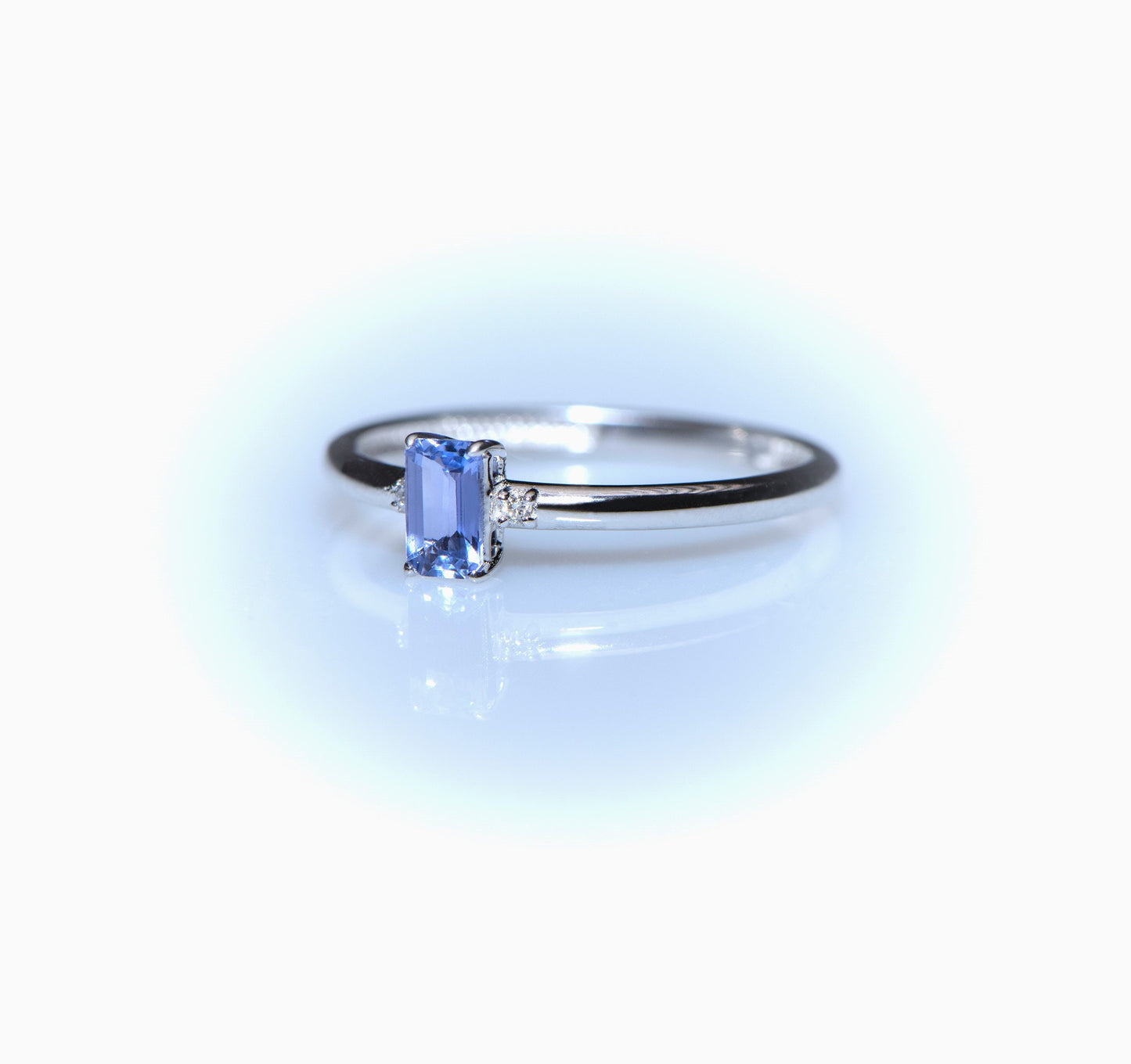 Emerald Cut Blue Sapphire and Diamond Ring – 14K White Gold Dainty Band | Handmade Minimalist Gift for Mother’s Day