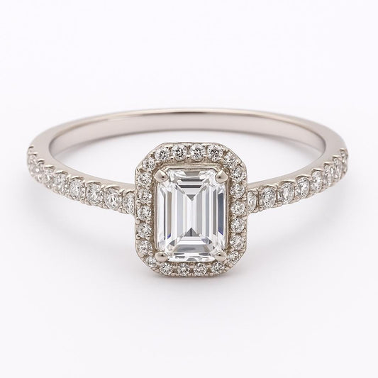 Emerald Cut Moissanite Halo Engagement Ring – 14K White Gold, GIA Certified, Dainty Handmade Ring, Customizable Gemstone Option