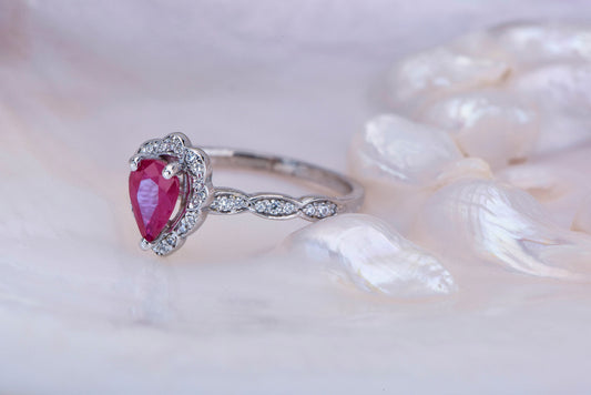 Vintage Pear Cut Ruby and Diamond Ring in 14k Gold – Unique Engagement, Bridal or Mother’s Day Gift