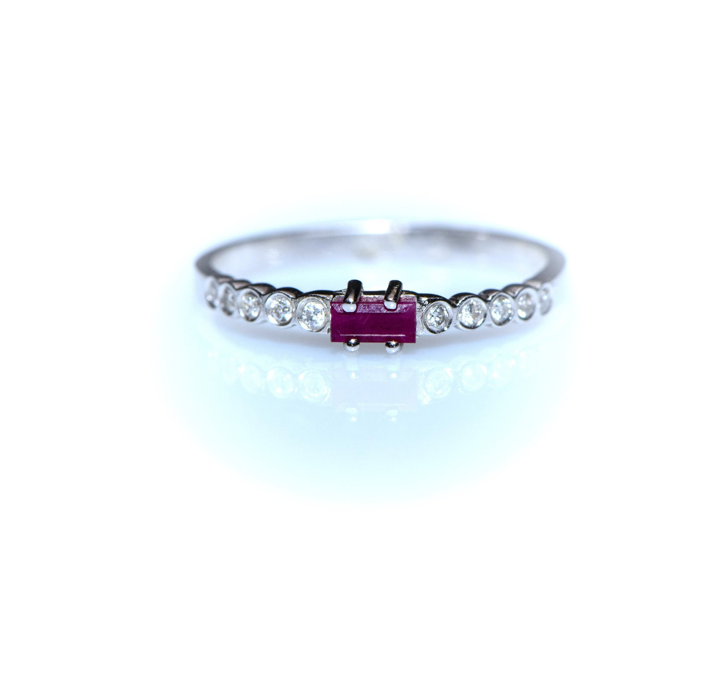 Baguette Ruby and Diamond Ring – 14K White Gold Stacking Band | Delicate Birthstone Ring | Mother’s Day Gift