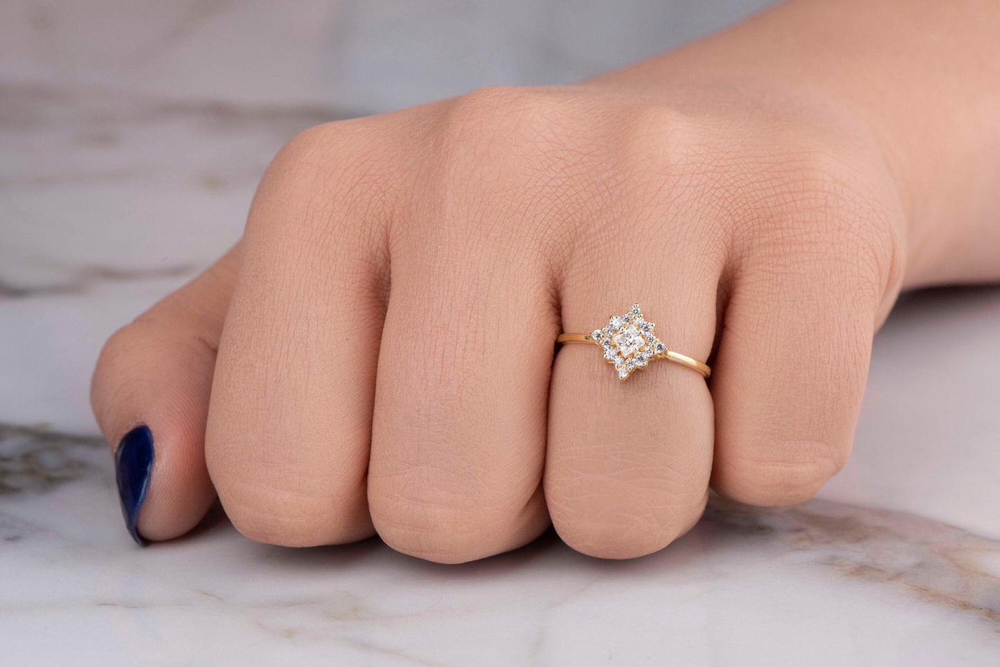 Princess Cut Diamond Cluster Engagement Ring – 14K Solid Gold, Dainty Vintage-Inspired Ring