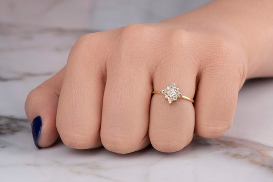Princess Cut Diamond Cluster Engagement Ring – 14K Solid Gold, Dainty Vintage-Inspired Ring