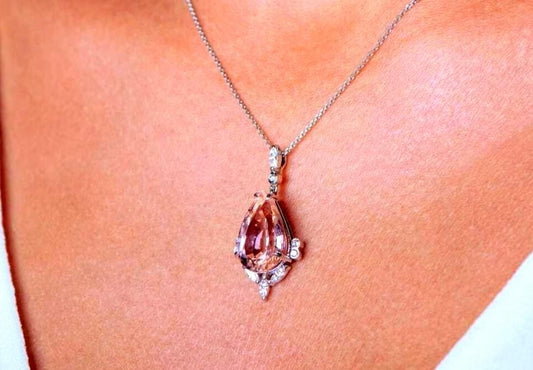 14K Rose Gold Morganite and Diamond Pendant Necklace - Natural 11.56ct Pear Cut Morganite Jewelry for Anniversary and Wedding Gifts