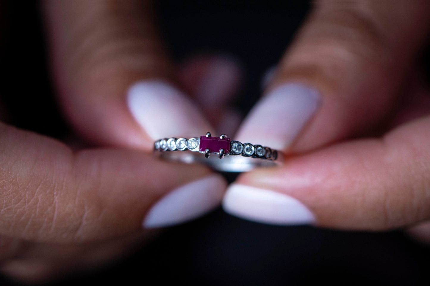 Baguette Ruby and Diamond Ring – 14K White Gold Stacking Band | Delicate Birthstone Ring | Mother’s Day Gift