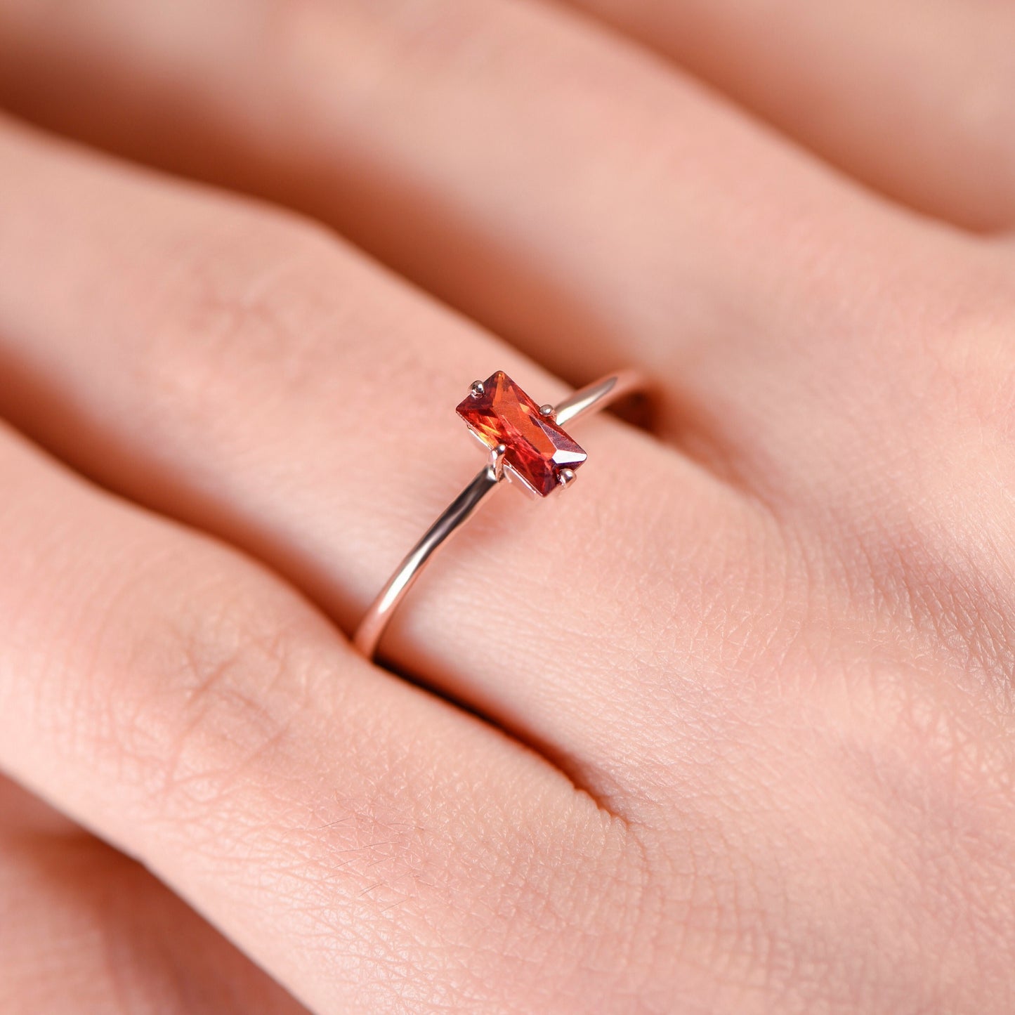 Minimalist Garnet Birthstone Ring in Rose White or Yellow Gold | Baguette Cut Garnet Ring | 8K 14K 18K Solid Gold Thin Band