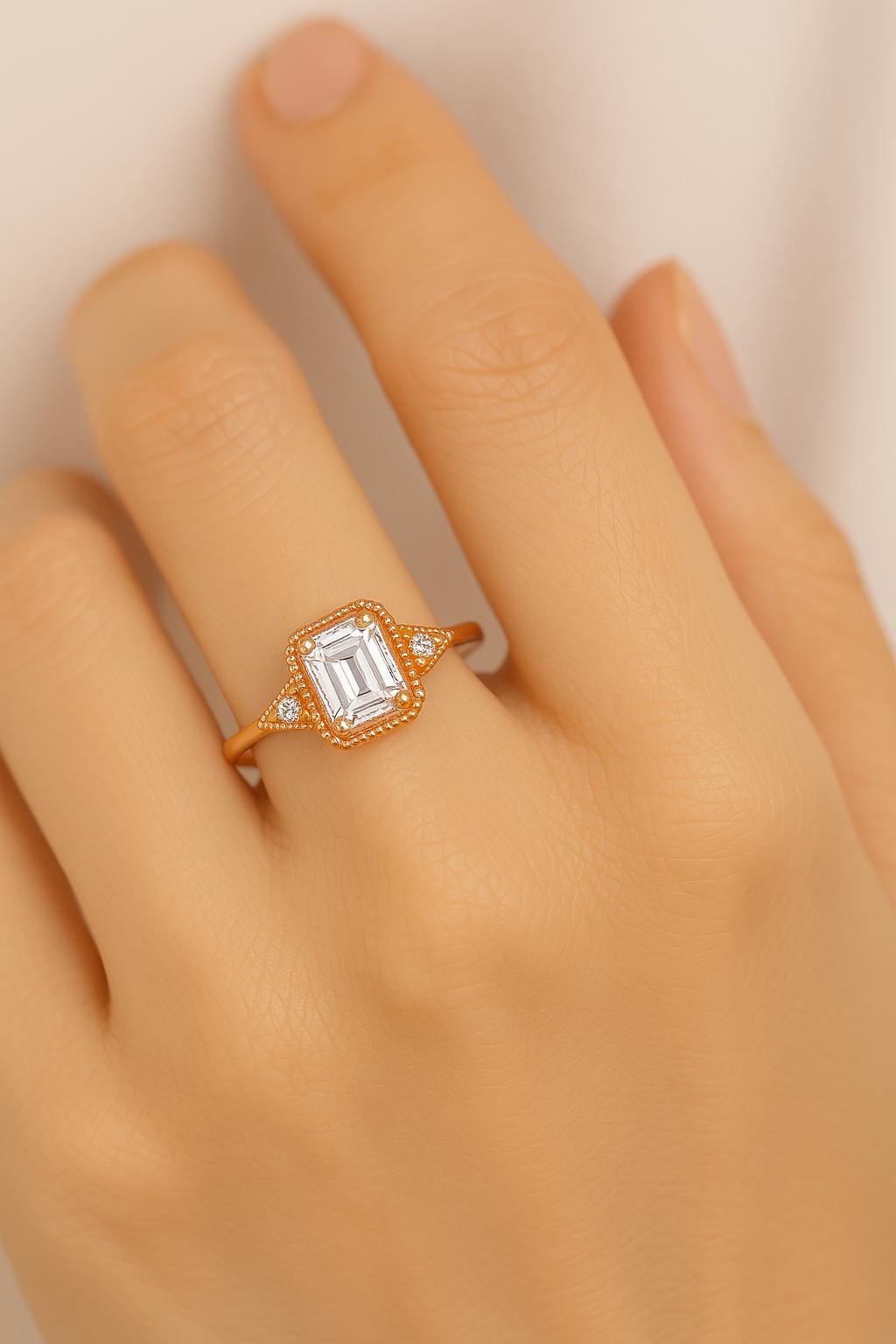 Emerald Cut Moissanite Ring – 14K Rose Gold, Vintage Style, GIA Certified, Conflict-Free Diamonds, Handmade Ring