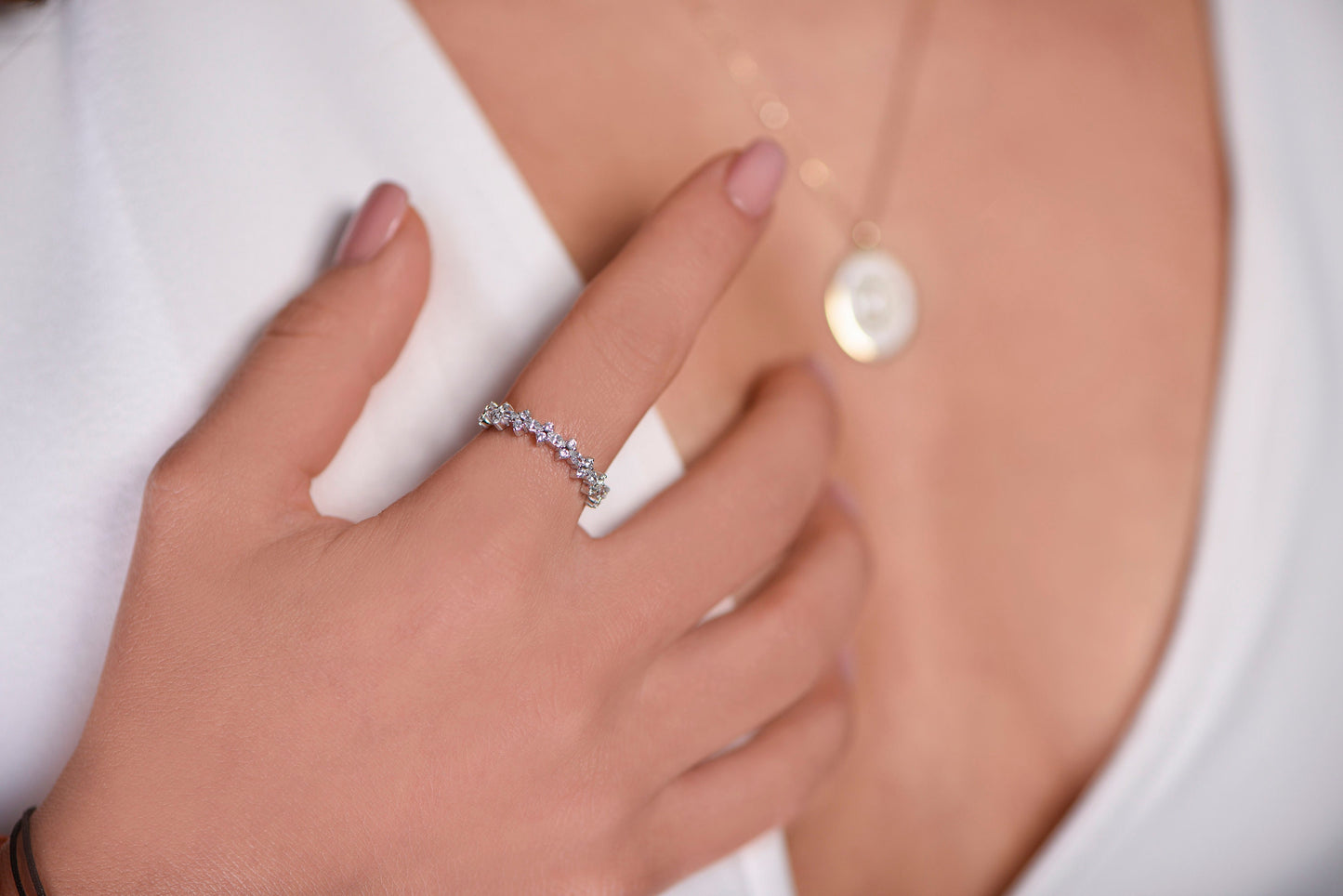 Solid Gold Marquise and Round Diamond Ring, Elegant Marquise and Round Diamond Ring with Thin Band, Gift For Mom