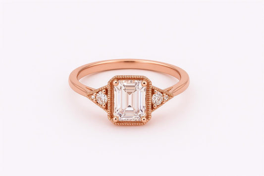 Emerald Cut Moissanite Ring – 14K Rose Gold, Vintage Style, GIA Certified, Conflict-Free Diamonds, Handmade Ring