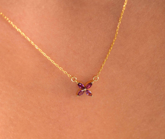 14K Yellow Gold Amethyst Flower Necklace - Marquise Cut Purple Gemstone Pendant for Her