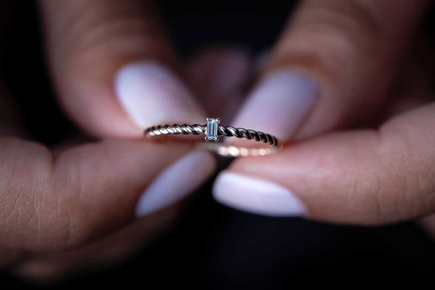 14k Gold Twisted Diamond Ring – Minimalist Baguette Cut Stackable Band for Everyday or Gift