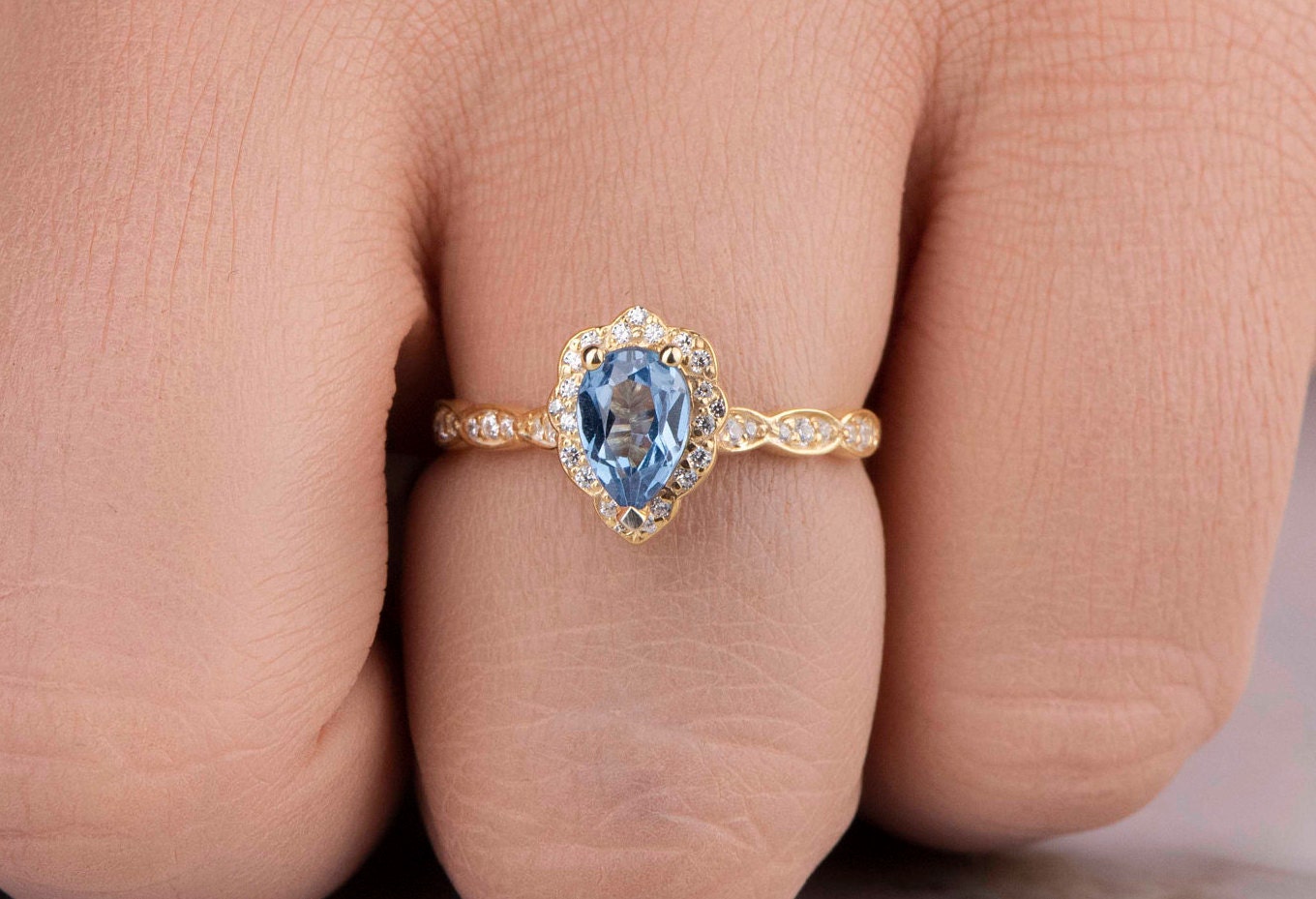 Pear Cut Blue Topaz and Diamond Ring in 14k Gold – Vintage Engagement or Mother’s Day Gift for Her
