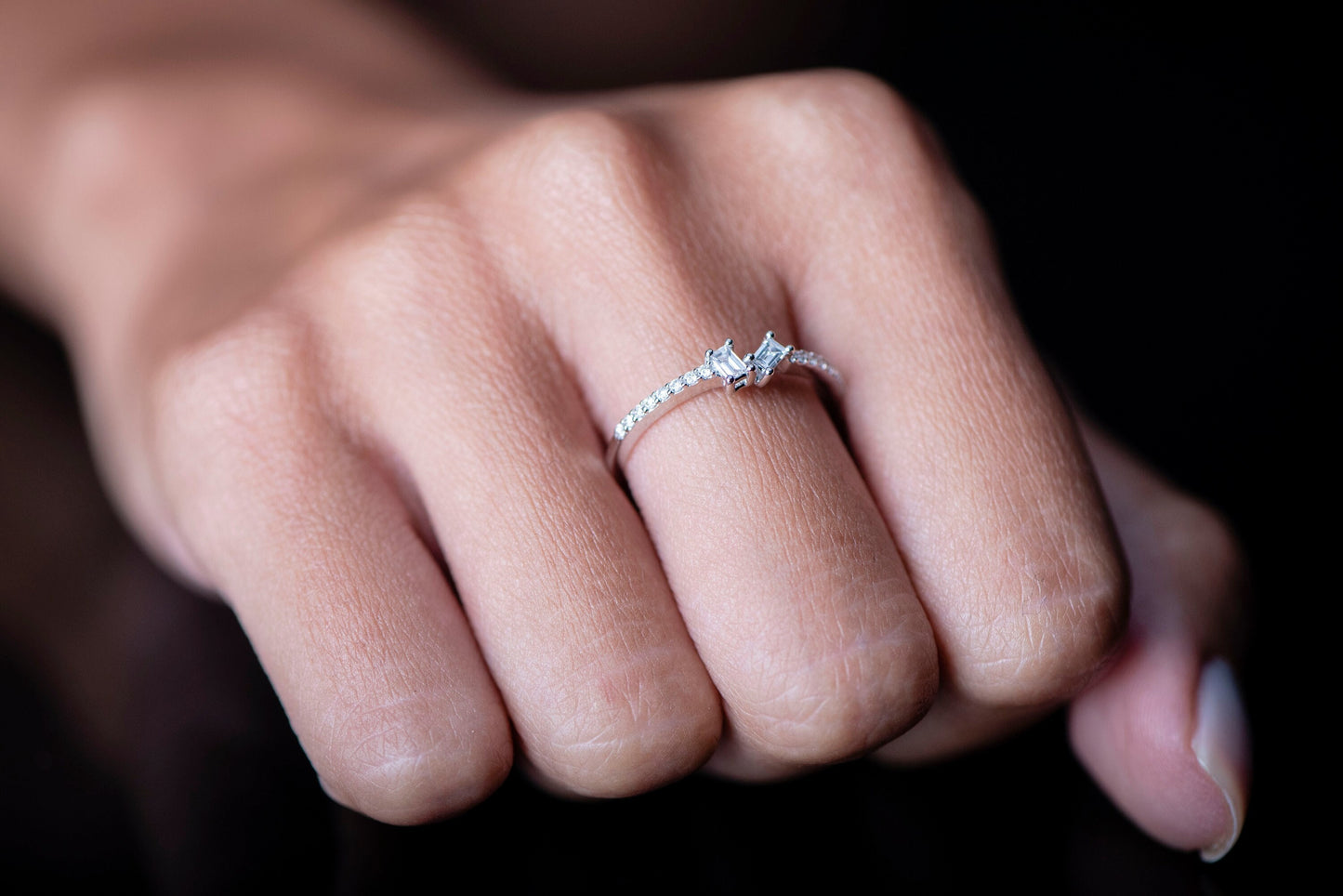 14K White Gold Baguette Diamond Ring with Round Accents, Dainty Thin Band Engagement or Gift Ring for Her