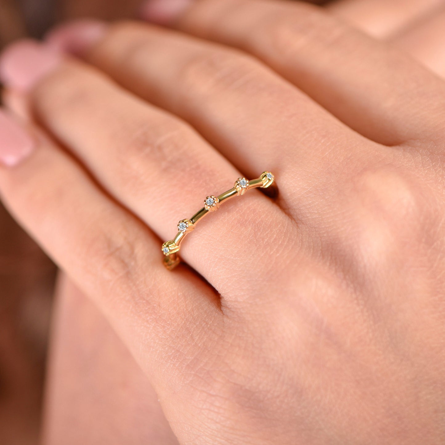 14K Solid Gold Minimal 6 Stone Ring, Gold Cluster Ring, Minimal Diamond Gold Ring, Customizable Gold Diamond Ring, Gift For Mom