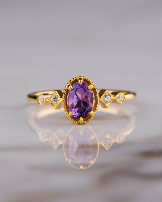 Oval Amethyst and Diamond Ring in 14k Gold – February Birthstone Engagement or Mother’s Day Gift