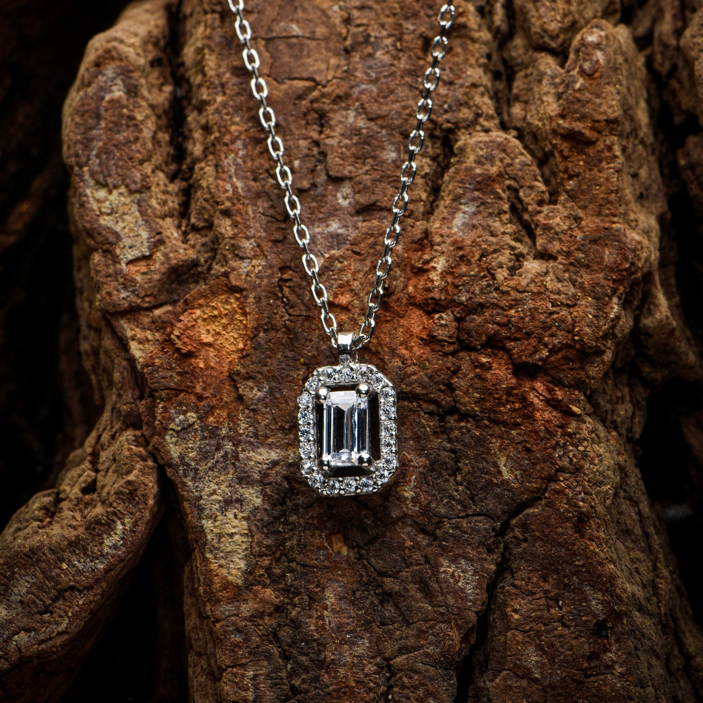 Emerald Cut Diamond Necklace, Baguette Moissanite Halo Pendant,14k Solid White Gold Necklace,Diamond Necklace,Christmas Gift Necklace
