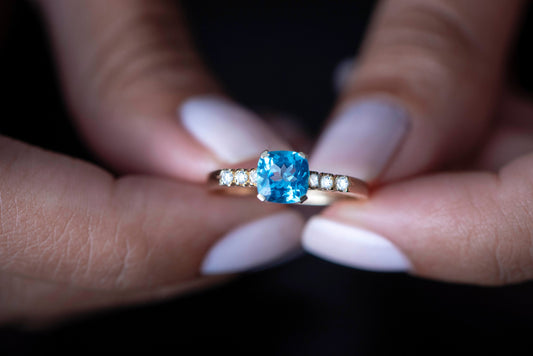 Aquamarine and Diamond Ring in 14k Gold – Cushion Cut Blue Gemstone Engagement or Mother’s Day Gift