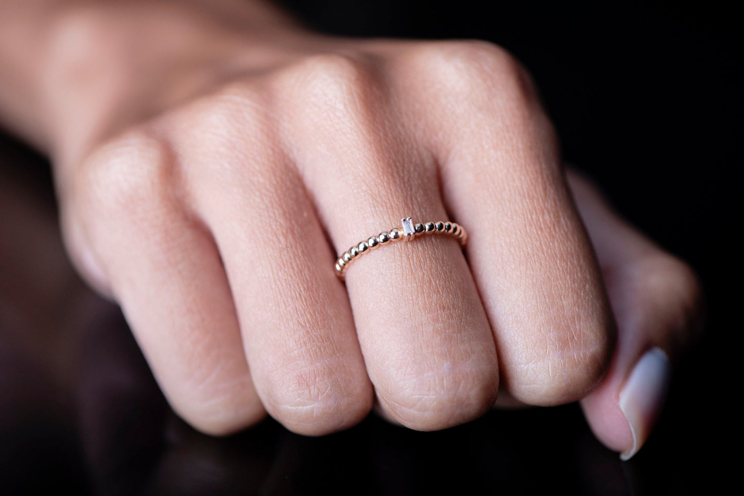 14k Gold Beaded Baguette Diamond Ring – Minimalist Stackable Band for Everyday Elegance