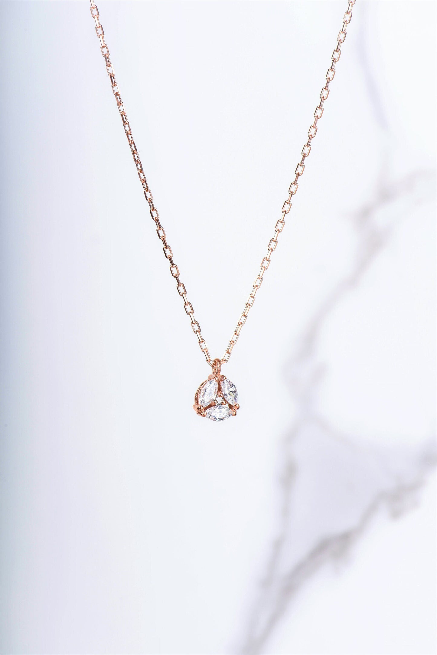 14K Rose Gold White Sapphire Necklace - Marquise Cut Cluster Pendant for Her