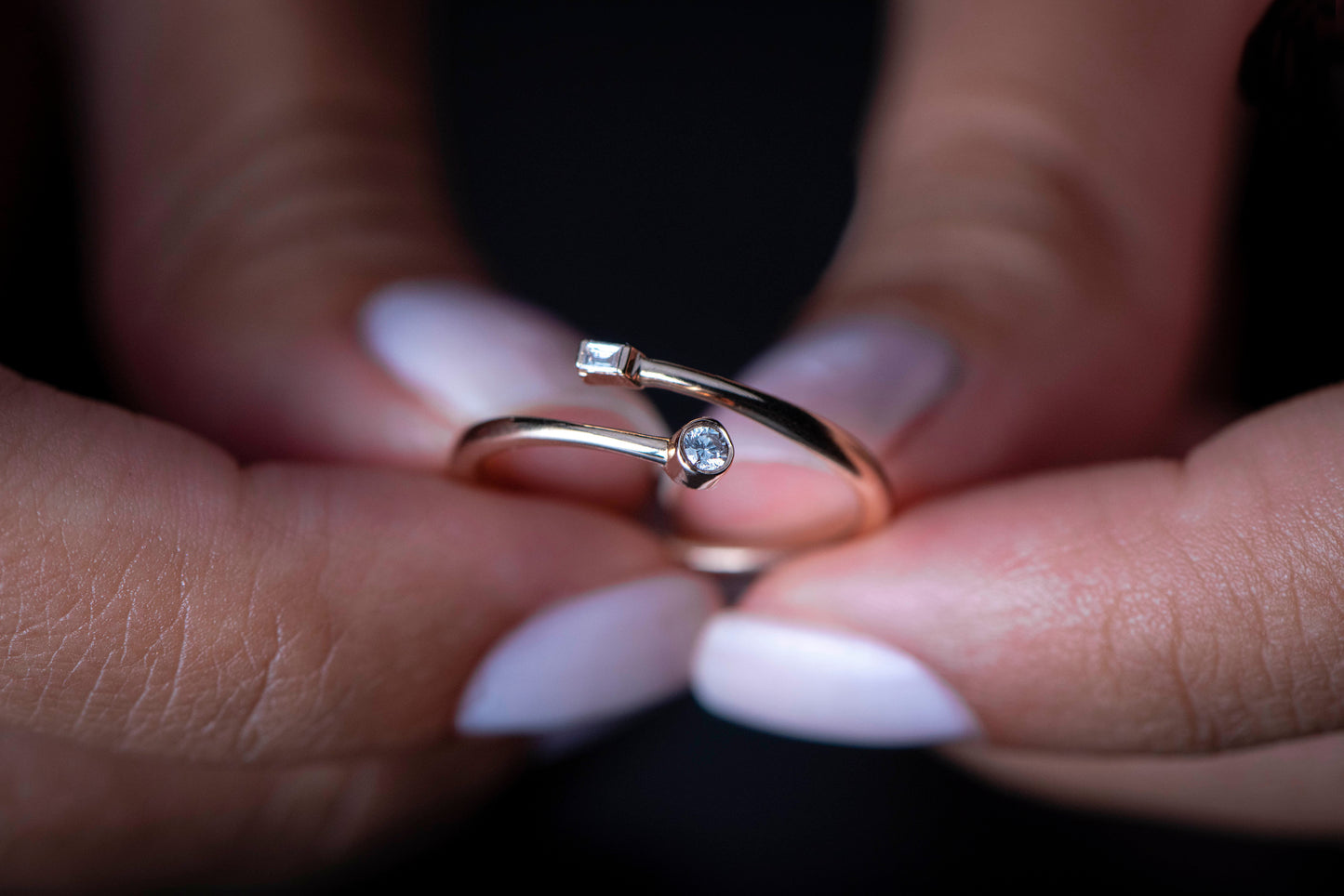 14k Gold Open Diamond Ring – Minimalist Wrap Ring with Baguette and Round Cut Diamonds