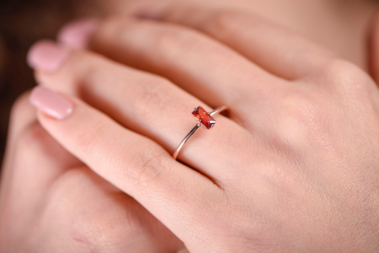 Minimalist Garnet Birthstone Ring in Rose White or Yellow Gold | Baguette Cut Garnet Ring | 8K 14K 18K Solid Gold Thin Band