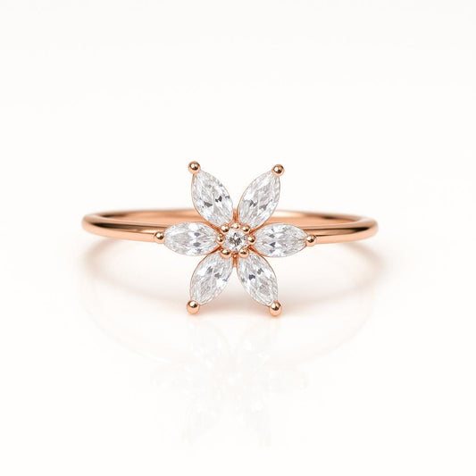 Marquise Diamond Flower Ring – 14K Rose Gold, Dainty Everyday Ring, Natural Diamond Gift, Customizable Floral Design
