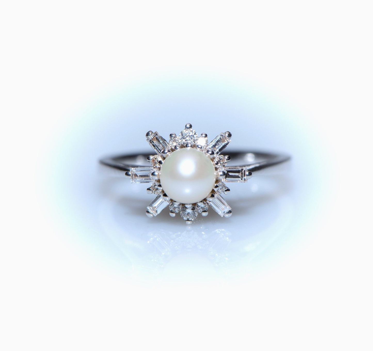 14K Gold Pearl and Diamond Ring with Baguette and Round Cut Stones, Elegant Anniversary or Engagement Ring