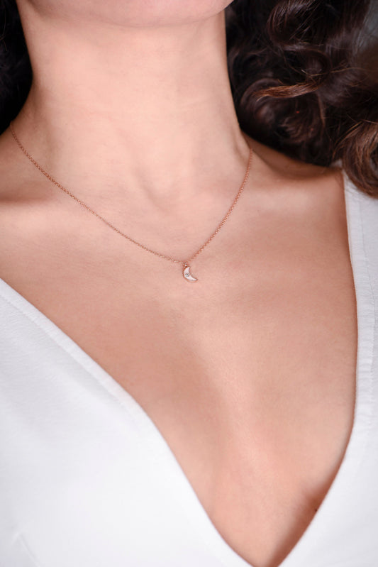 Moon Necklace,Tiny Solid Gold Moon Necklace with Shimmering Diamonds and Enamel Accent,Dainty Crescent Necklace,Christmas Gift Necklace