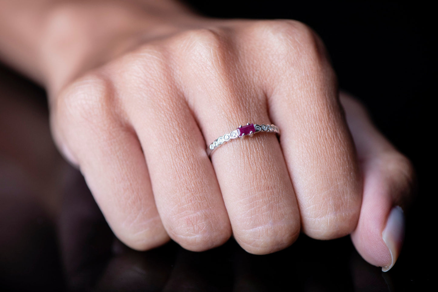 Baguette Ruby and Diamond Ring – 14K White Gold Stacking Band | Delicate Birthstone Ring | Mother’s Day Gift