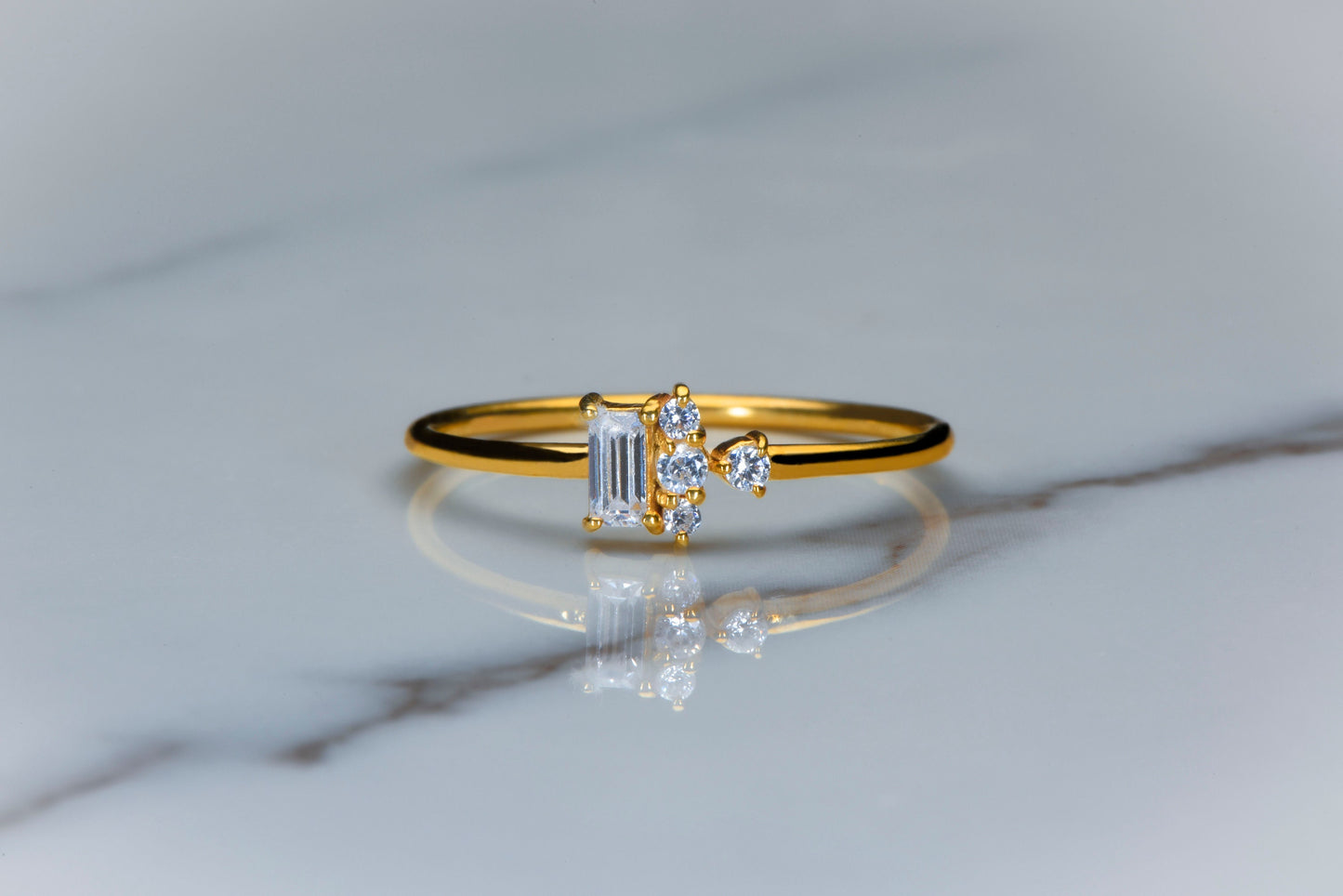 14K Gold Diamond Ring with Baguette and Round Cut Stones, Minimalist Thin Band Engagement Ring, Dainty Fine Jewelry for Her