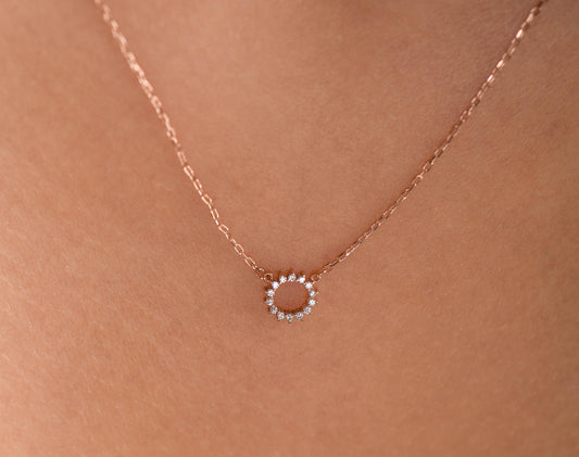 14K Yellow Gold Sunburst Diamond Necklace - Dainty Circle Pendant Gift for Her