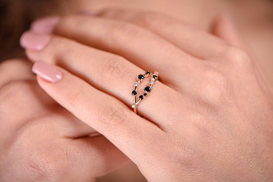 14K Solid Rose Gold Ring with Black and White Diamonds – Unique Modern Stacking Band