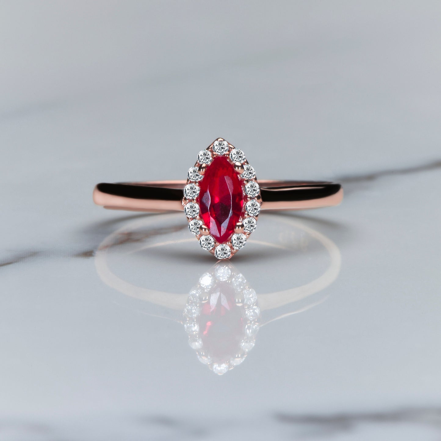 Marquise Ruby and Diamond Halo Ring in 14k Rose Gold – Romantic Vintage Engagement or Gift for Her