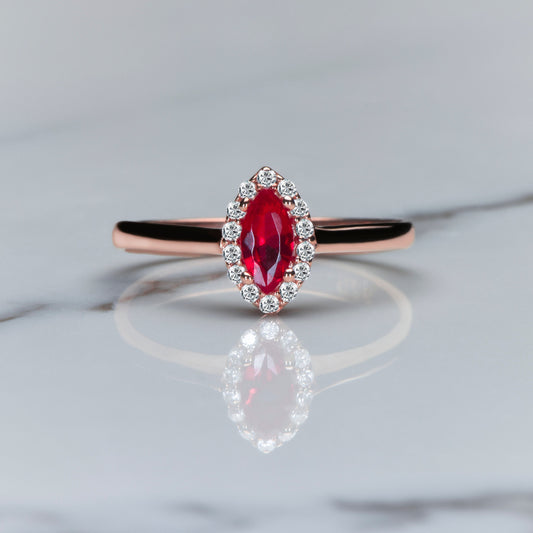 Marquise Ruby and Diamond Halo Ring in 14k Rose Gold – Romantic Vintage Engagement or Gift for Her