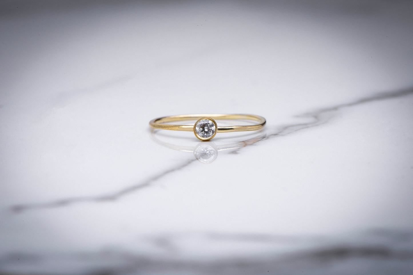 14K Gold Bezel Set Solitaire Ring – Dainty Diamond Stackable Minimalist Ring for Women