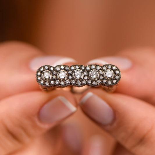 Solid Gold Ring, 5 Stone Ring with Antiqued Detail, Vintage Style Diamond Ring, April Gift Ring, Wedding Gift Ring,Gift For Mom