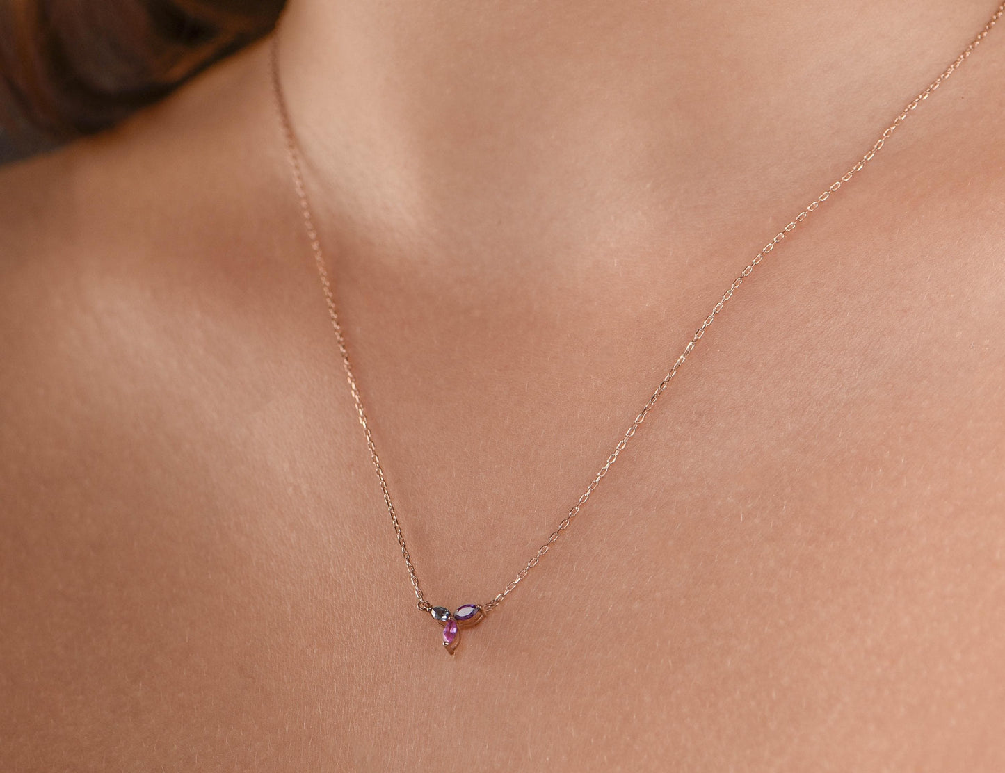 14K Gold Aquamarine, Amethyst and Pink Tourmaline Necklace - Colorful Marquise Gemstone Pendant Gift for Her