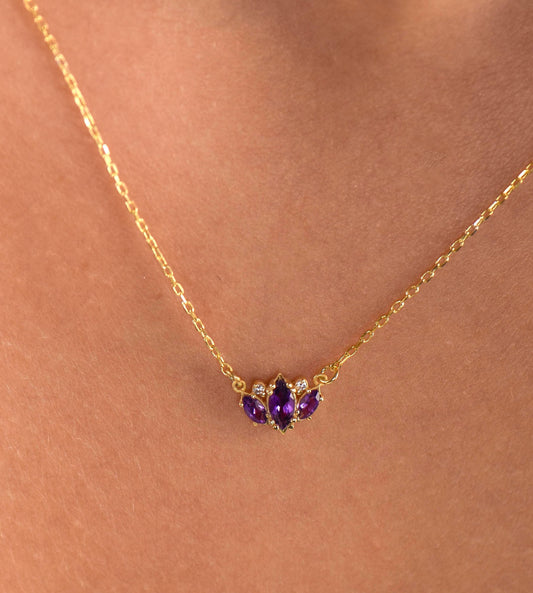 14K Yellow Gold Amethyst and Diamond Necklace - Marquise Cut Minimalist Pendant Gift for Her